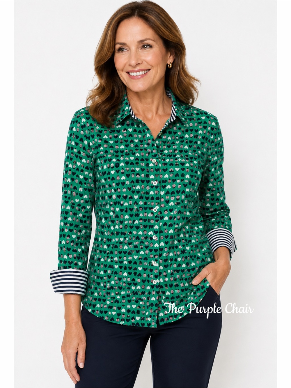 TALBOTS Green Ladybug Hearts Print Long Sleeve Classic Button Front Shirt